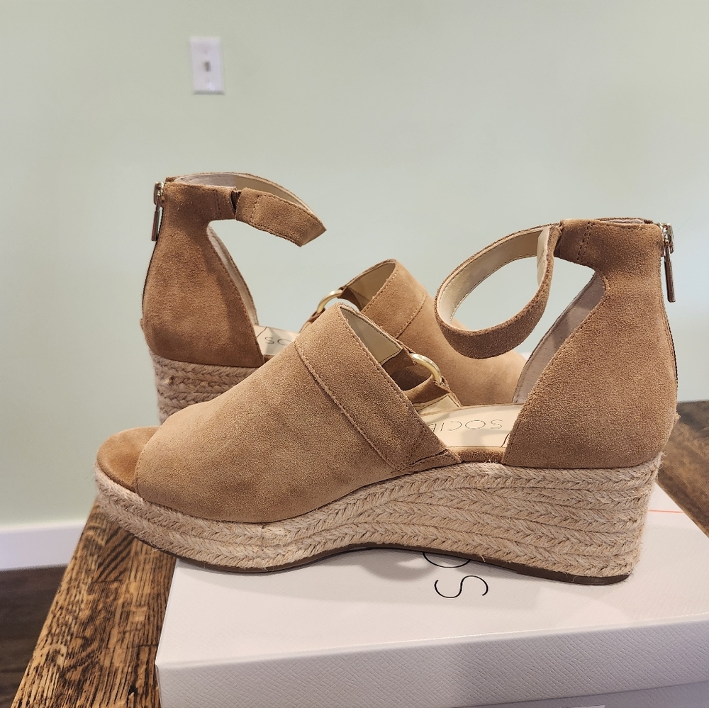 Sole Society Camel Tan Suede Espadrille Ankle Strap Wedge Sandal Sz 10 - Picture 2 of 6
